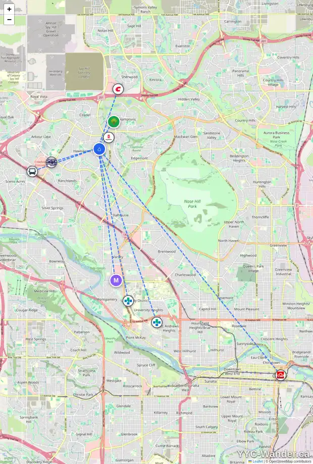 Daily accessibility map for 115 HAWKSTONE PL NW, Calgary showing nearby schools, grocery stores, parks, LRT stations and nearby amenities