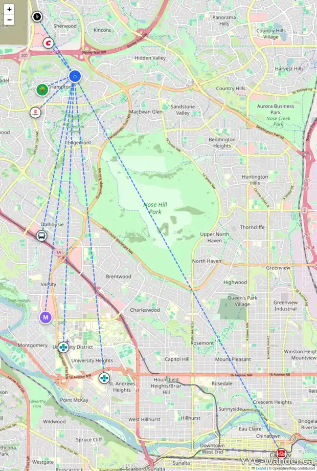 Daily accessibility map for 163 HAMPTONS TC NW, Calgary showing nearby schools, grocery stores, parks, LRT stations and nearby amenities