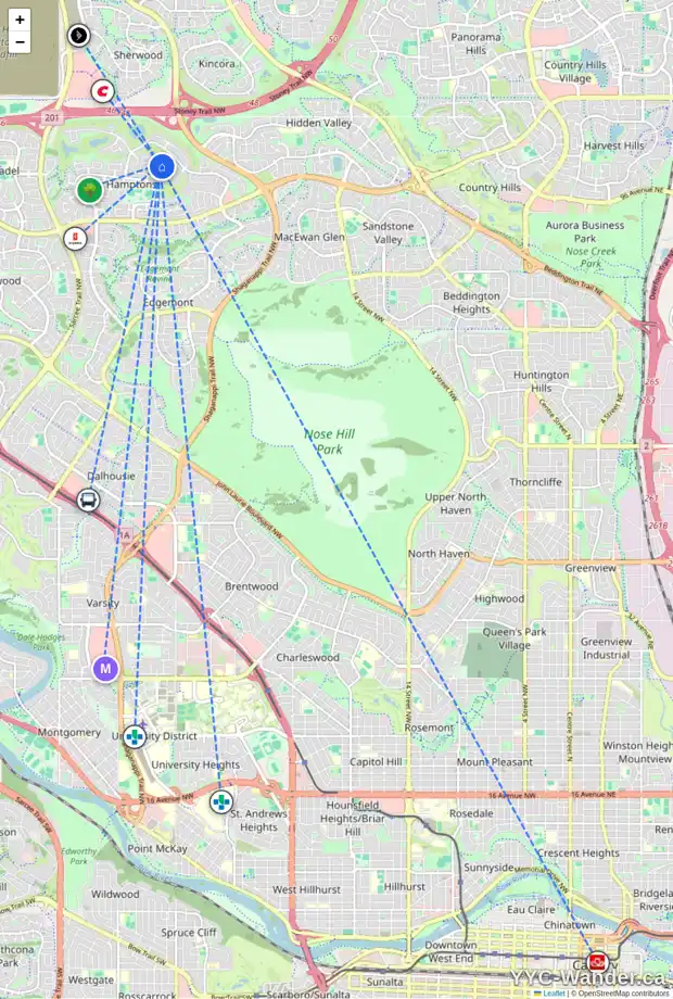 Daily accessibility map for 128 HAMPTONS TC NW, Calgary showing nearby schools, grocery stores, parks, LRT stations and nearby amenities