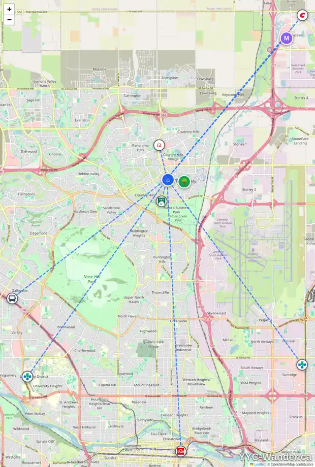 Daily accessibility map for 124 COUNTRY HILLS DR NW, Calgary showing nearby schools, grocery stores, parks, LRT stations and nearby amenities