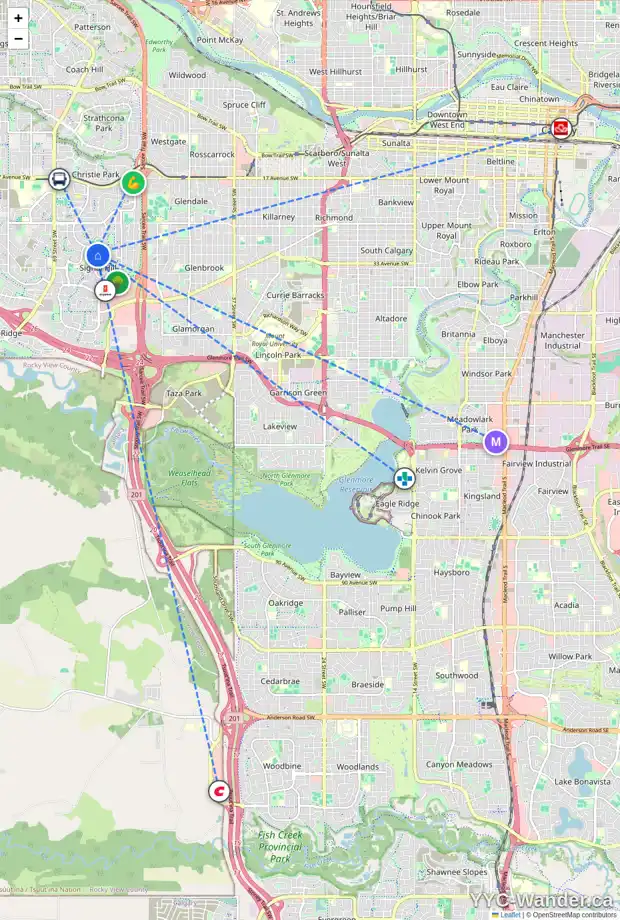 Daily accessibility map for 3155 SIGNAL HILL DR SW, Calgary showing nearby schools, grocery stores, parks, LRT stations and nearby amenities