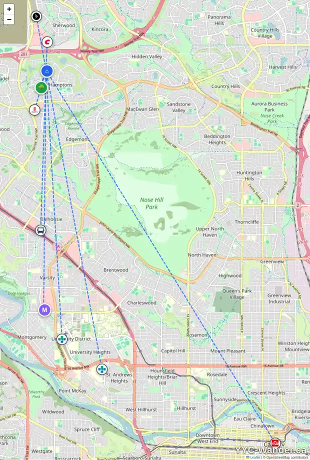 Daily accessibility map for 40 HAMPTONS CV NW, Calgary showing nearby schools, grocery stores, parks, LRT stations and nearby amenities