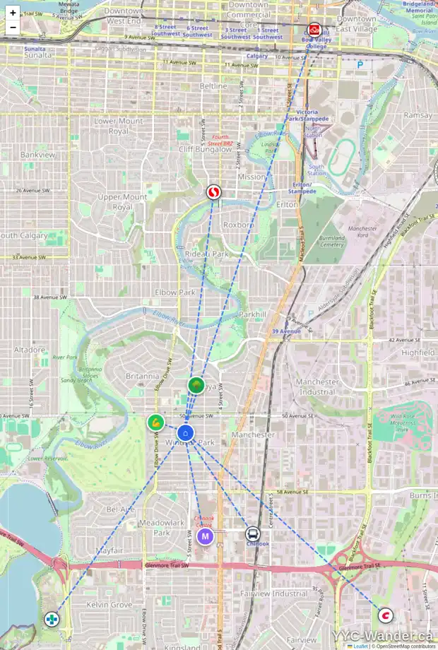 Daily accessibility map for 610 52 AV SW, Calgary showing nearby schools, grocery stores, parks, LRT stations and nearby amenities