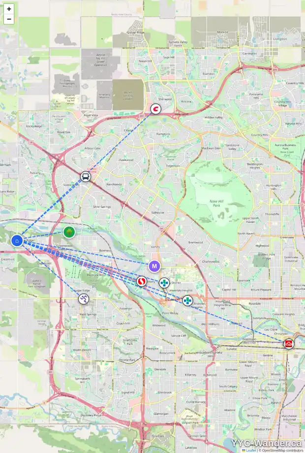 Daily accessibility map for 105 VALLEY CREEK PL NW, Calgary showing nearby schools, grocery stores, parks, LRT stations and nearby amenities