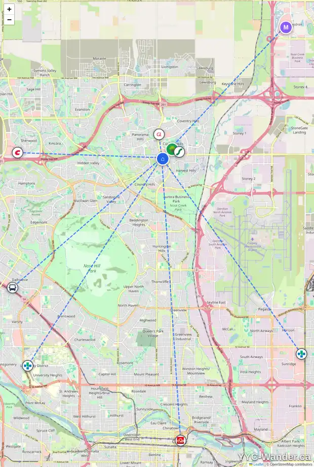 Daily accessibility map for 202 PANORAMA HILLS LN NW, Calgary showing nearby schools, grocery stores, parks, LRT stations and nearby amenities