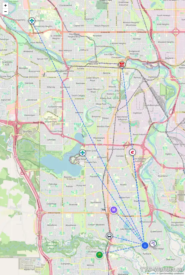 Daily accessibility map for 28 PARKWOOD RI SE, Calgary showing nearby schools, grocery stores, parks, LRT stations and nearby amenities