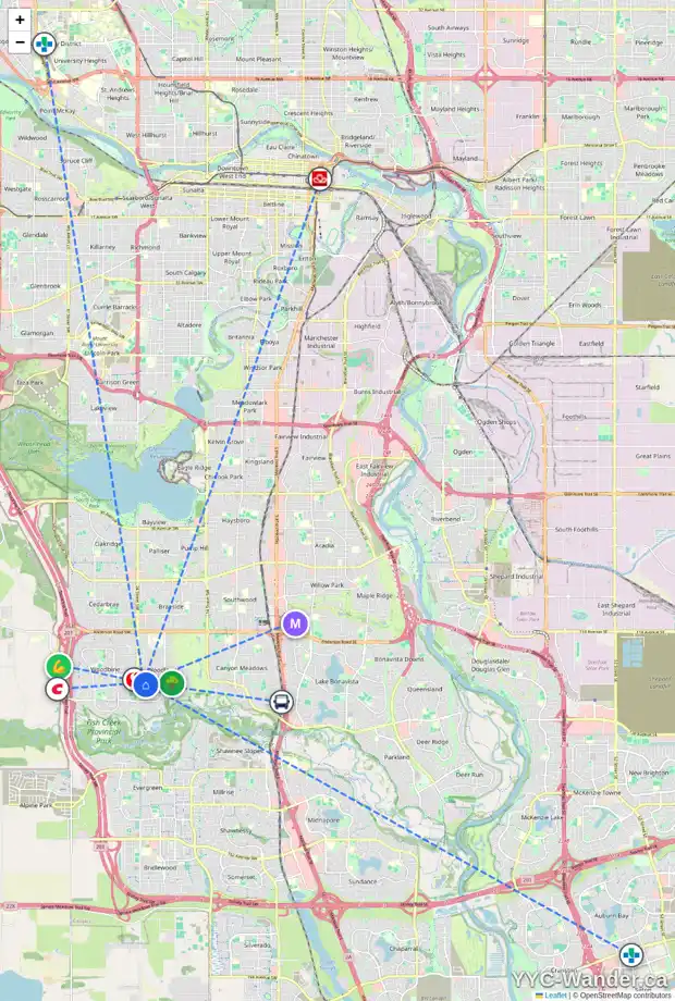 Daily accessibility map for 107 WOODVALE BA SW, Calgary showing nearby schools, grocery stores, parks, LRT stations and nearby amenities