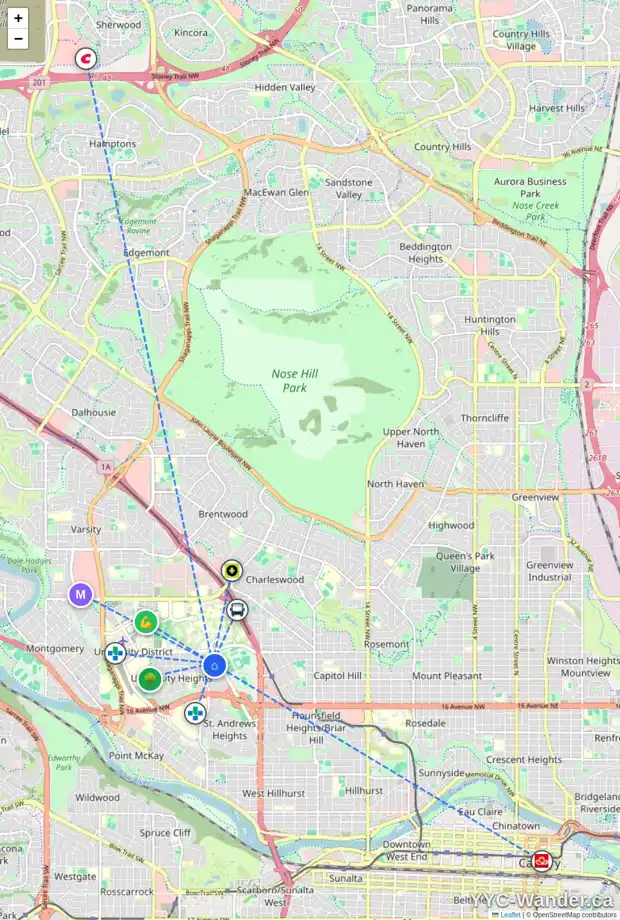 Daily accessibility map for 2908 UNDERHILL DR NW, Calgary showing nearby schools, grocery stores, parks, LRT stations and nearby amenities