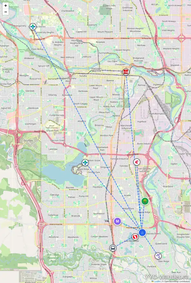 Daily accessibility map for 24 LAKE WAPTA RI SE, Calgary showing nearby schools, grocery stores, parks, LRT stations and nearby amenities