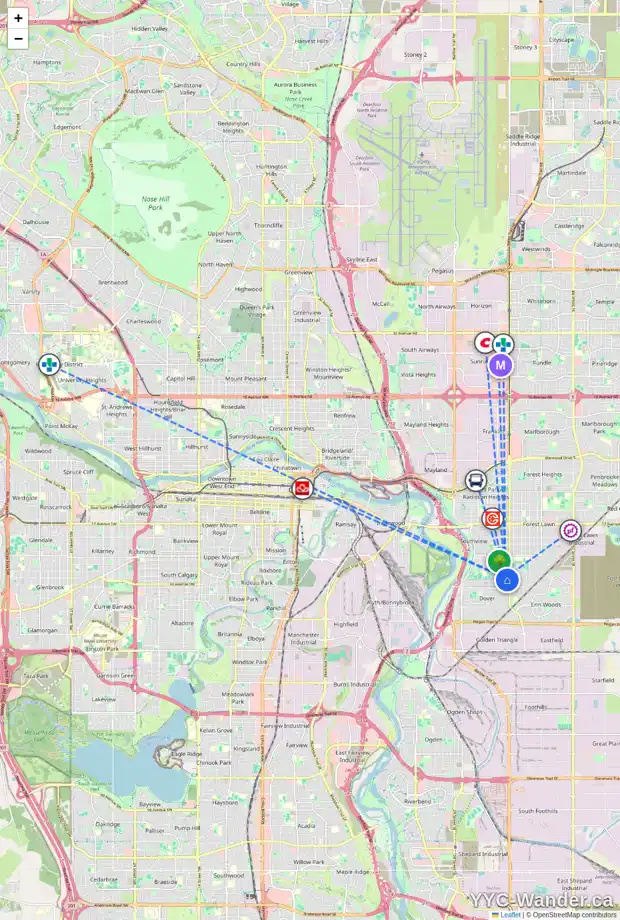 Daily accessibility map for 3449 31A AV SE, Calgary showing nearby schools, grocery stores, parks, LRT stations and nearby amenities