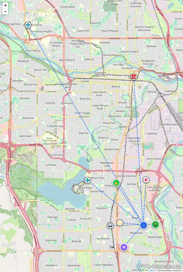Daily accessibility map for 575 ACADIA DR SE, Calgary showing nearby schools, grocery stores, parks, LRT stations and nearby amenities