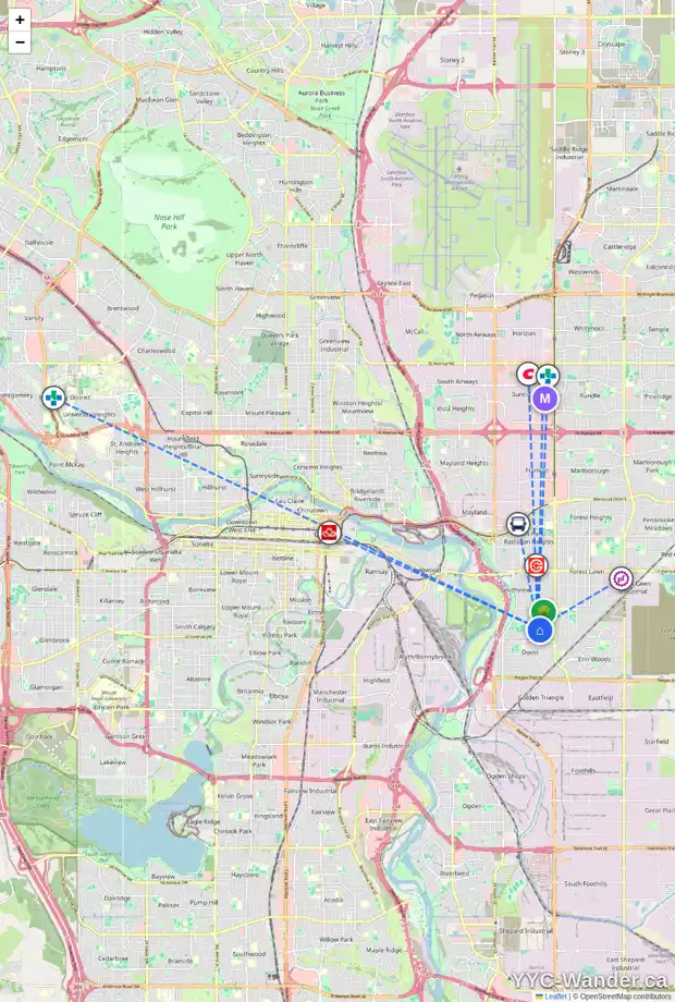 Daily accessibility map for 3224 31A AV SE, Calgary showing nearby schools, grocery stores, parks, LRT stations and nearby amenities