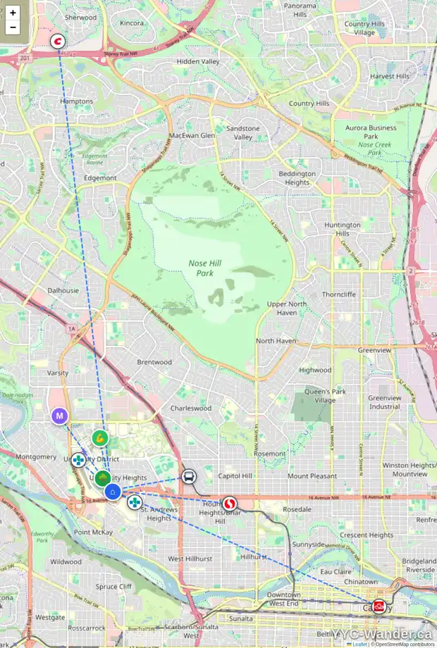 Daily accessibility map for 3604 UTAH DR NW, Calgary showing nearby schools, grocery stores, parks, LRT stations and nearby amenities