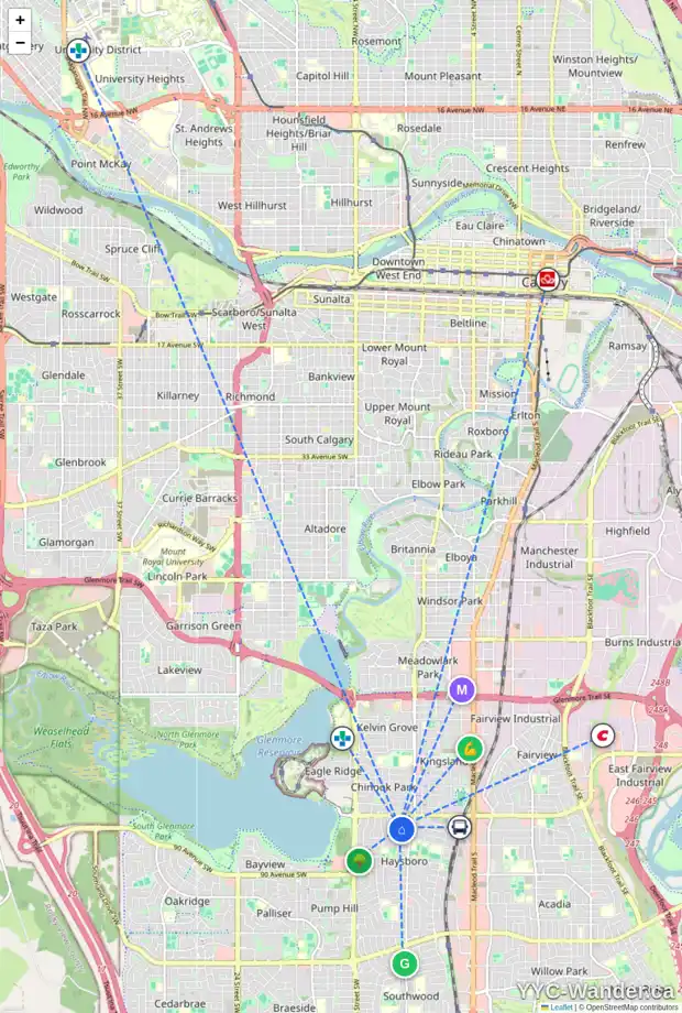 Daily accessibility map for 33 HAMLET RD SW, Calgary showing nearby schools, grocery stores, parks, LRT stations and nearby amenities