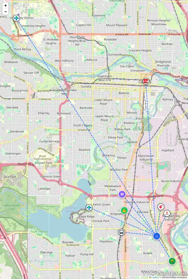 Daily accessibility map for 8547 ADDISON PL SE, Calgary showing nearby schools, grocery stores, parks, LRT stations and nearby amenities