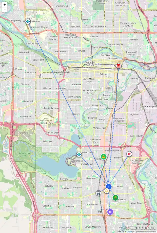 Daily accessibility map for 201 ALLAN CR SE, Calgary showing nearby schools, grocery stores, parks, LRT stations and nearby amenities