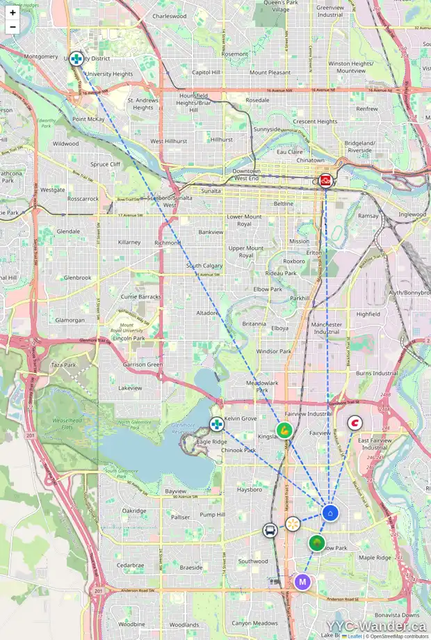Daily accessibility map for 33 ARBOUR CR SE, Calgary showing nearby schools, grocery stores, parks, LRT stations and nearby amenities