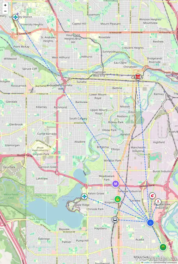 Daily accessibility map for 8704 6 ST SE, Calgary showing nearby schools, grocery stores, parks, LRT stations and nearby amenities