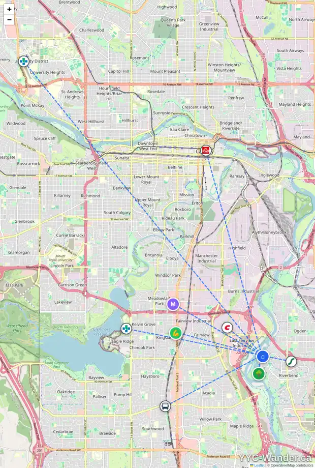 Daily accessibility map for 173 RIVERSIDE CI SE, Calgary showing nearby schools, grocery stores, parks, LRT stations and nearby amenities