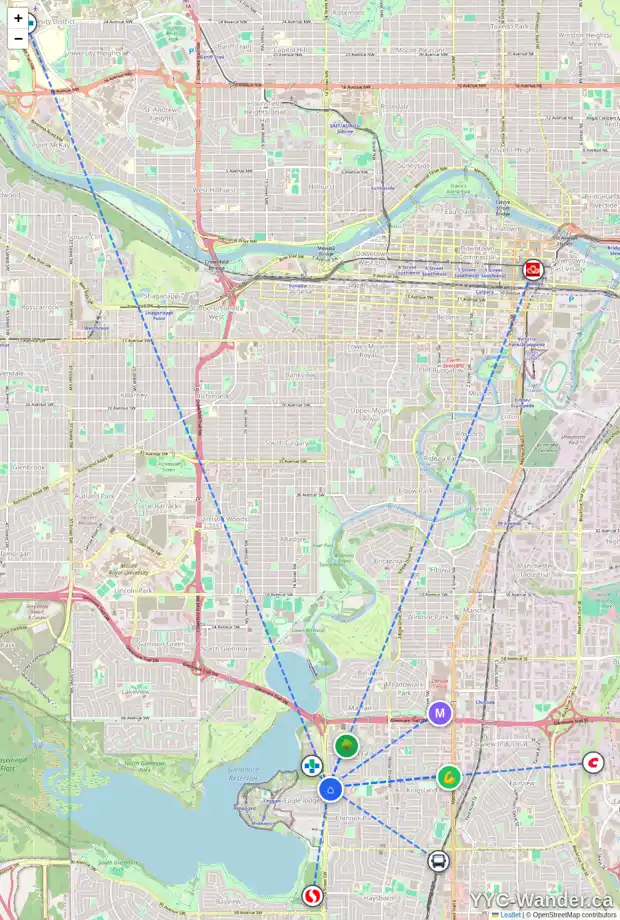 Daily accessibility map for 1431 75 AV SW, Calgary showing nearby schools, grocery stores, parks, LRT stations and nearby amenities