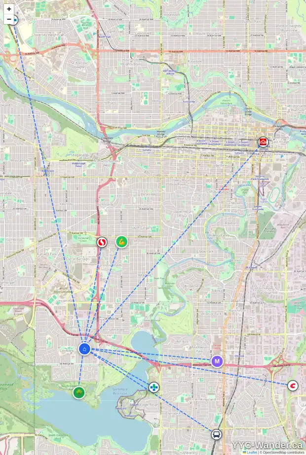 Daily accessibility map for 6323 LOUISE RD SW, Calgary showing nearby schools, grocery stores, parks, LRT stations and nearby amenities