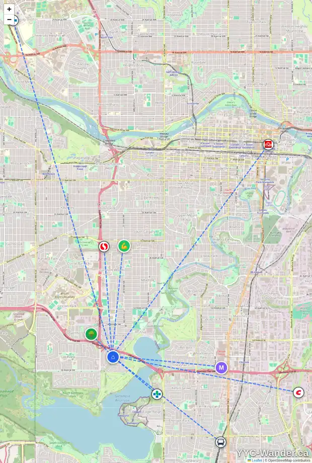 Daily accessibility map for 2224 LONGRIDGE DR SW, Calgary showing nearby schools, grocery stores, parks, LRT stations and nearby amenities