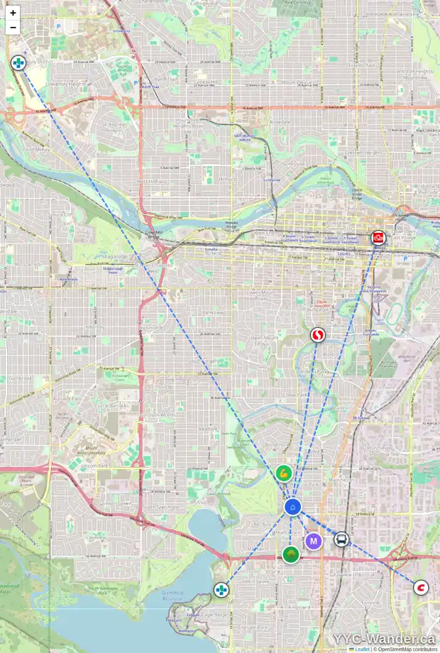 Daily accessibility map for 310 710 57 AV SW, Calgary showing nearby schools, grocery stores, parks, LRT stations and nearby amenities