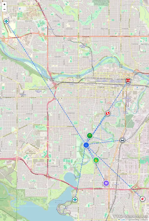 Daily accessibility map for 1239 LANSDOWNE AV SW, Calgary showing nearby schools, grocery stores, parks, LRT stations and nearby amenities