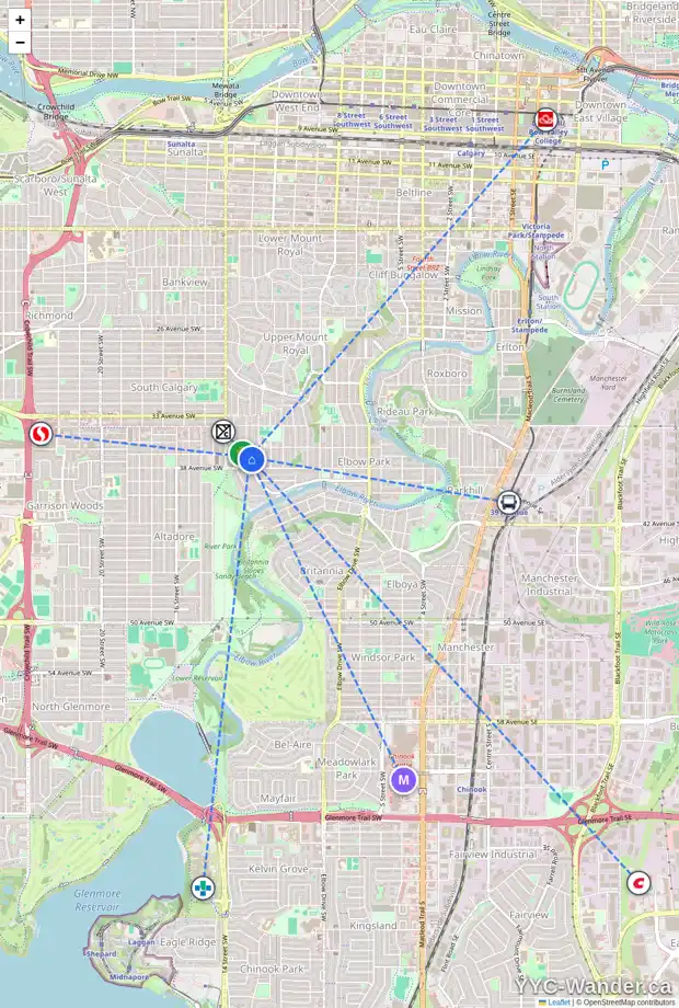Daily accessibility map for 3820 13 ST SW, Calgary showing nearby schools, grocery stores, parks, LRT stations and nearby amenities