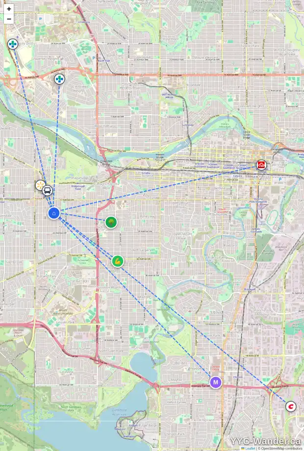 Daily accessibility map for 3310 21 AV SW, Calgary showing nearby schools, grocery stores, parks, LRT stations and nearby amenities
