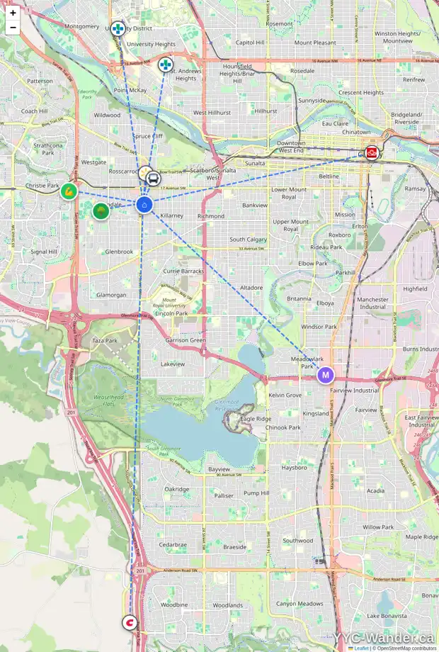 Daily accessibility map for 2207 36 ST SW, Calgary showing nearby schools, grocery stores, parks, LRT stations and nearby amenities