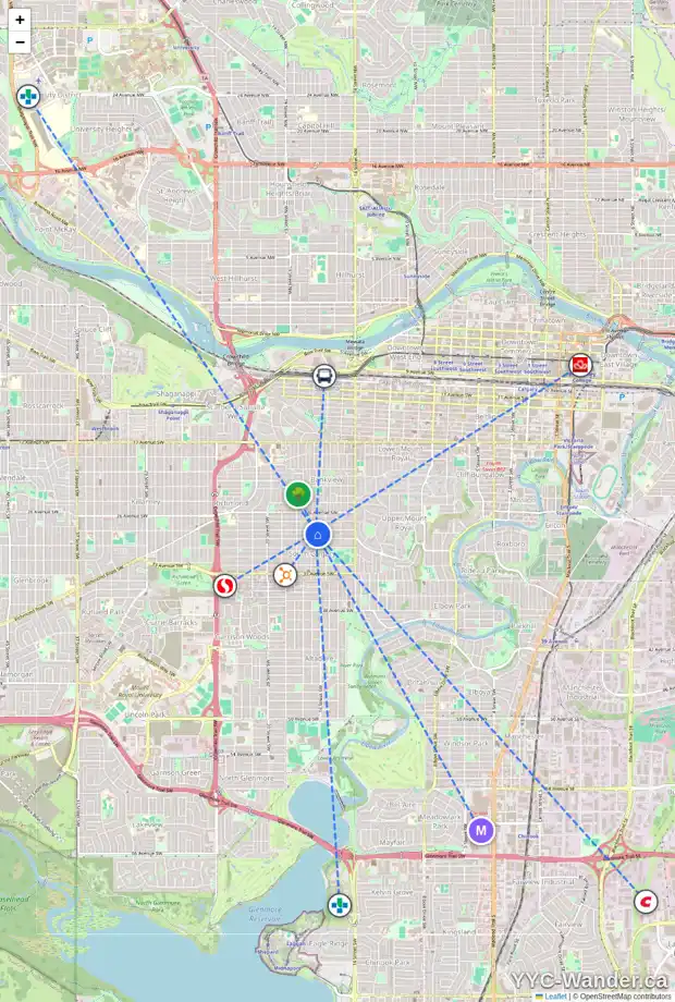 Daily accessibility map for 1733 28 AV SW, Calgary showing nearby schools, grocery stores, parks, LRT stations and nearby amenities