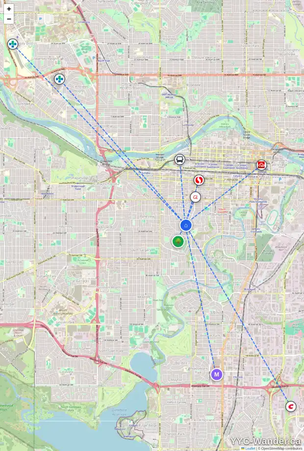 Daily accessibility map for 1031 PROSPECT AV SW, Calgary showing nearby schools, grocery stores, parks, LRT stations and nearby amenities