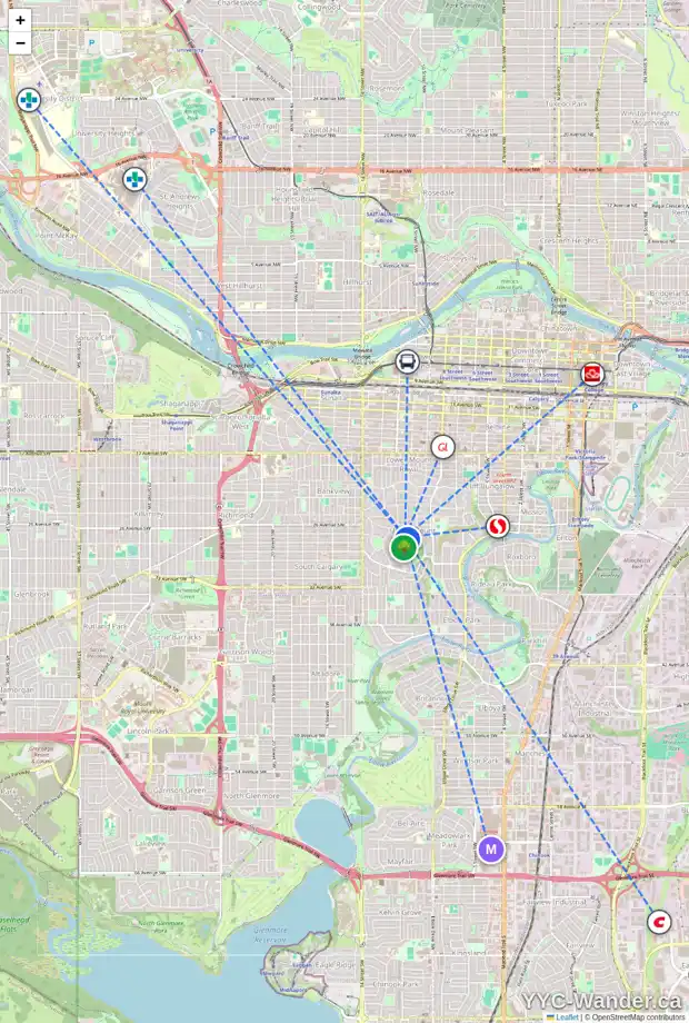 Daily accessibility map for 1119 FRONTENAC AV SW, Calgary showing nearby schools, grocery stores, parks, LRT stations and nearby amenities