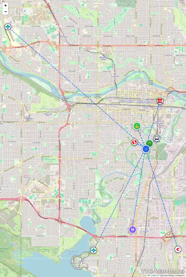 Daily accessibility map for 101 ROXBORO RD SW, Calgary showing nearby schools, grocery stores, parks, LRT stations and nearby amenities