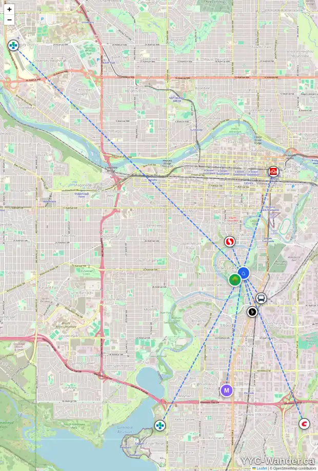 Daily accessibility map for 215 33 AV SW, Calgary showing nearby schools, grocery stores, parks, LRT stations and nearby amenities