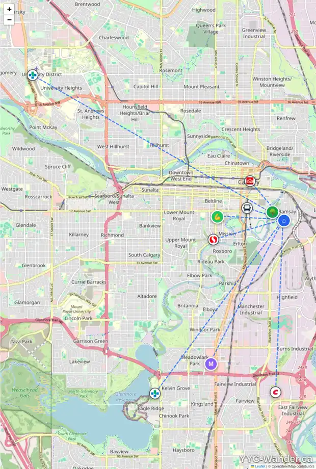 Daily accessibility map for 1910 ALEXANDER ST SE, Calgary showing nearby schools, grocery stores, parks, LRT stations and nearby amenities