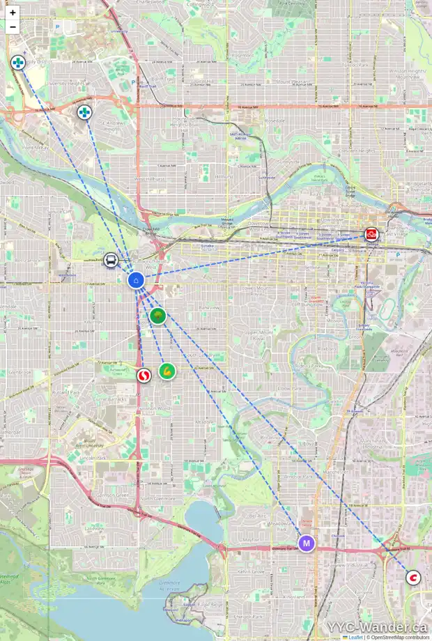 Daily accessibility map for 1724 24A ST SW, Calgary showing nearby schools, grocery stores, parks, LRT stations and nearby amenities
