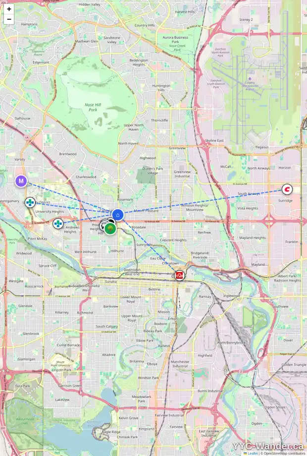 Daily accessibility map for 1516 19 AV NW, Calgary showing nearby schools, grocery stores, parks, LRT stations and nearby amenities