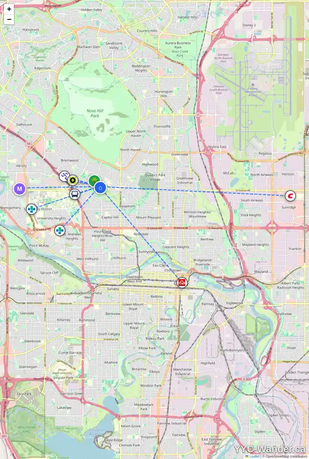 Daily accessibility map for 3415 CARIBOU DR NW, Calgary showing nearby schools, grocery stores, parks, LRT stations and nearby amenities