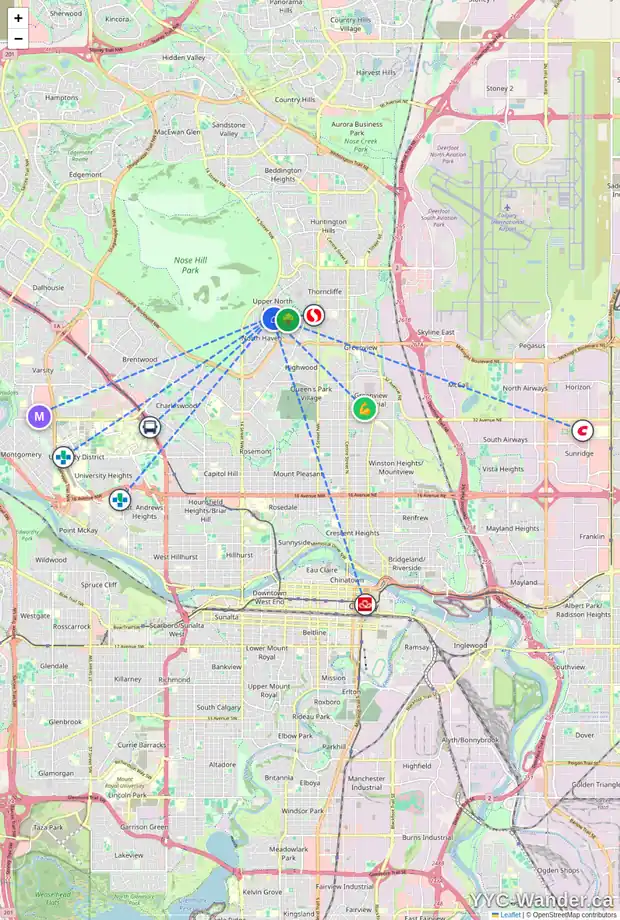 Daily accessibility map for 1106 NINGA RD NW, Calgary showing nearby schools, grocery stores, parks, LRT stations and nearby amenities