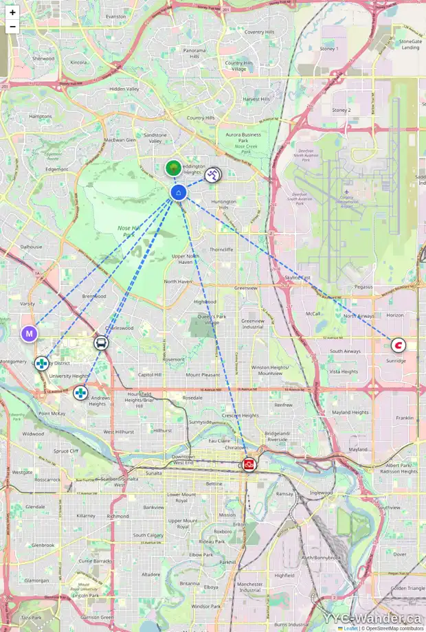 Daily accessibility map for 7827 HUNTERBURN HL NW, Calgary showing nearby schools, grocery stores, parks, LRT stations and nearby amenities