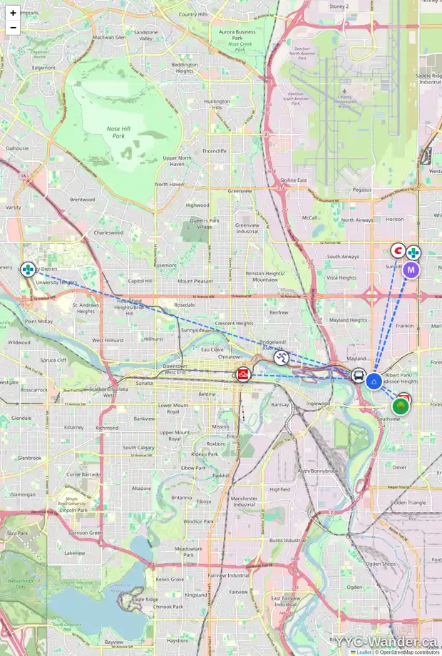 Daily accessibility map for 1002 24 ST SE, Calgary showing nearby schools, grocery stores, parks, LRT stations and nearby amenities