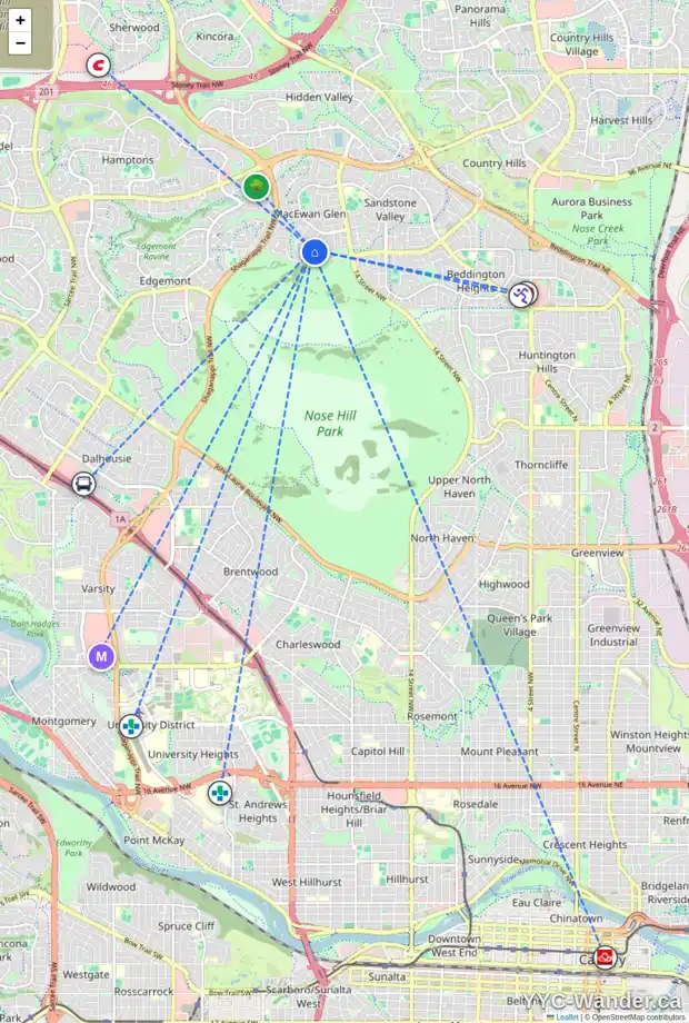 Daily accessibility map for 184 MACEWAN GLEN DR NW, Calgary showing nearby schools, grocery stores, parks, LRT stations and nearby amenities