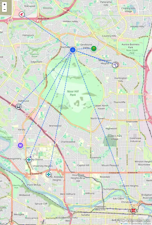 Daily accessibility map for 72 MACEWAN PARK WY NW, Calgary showing nearby schools, grocery stores, parks, LRT stations and nearby amenities