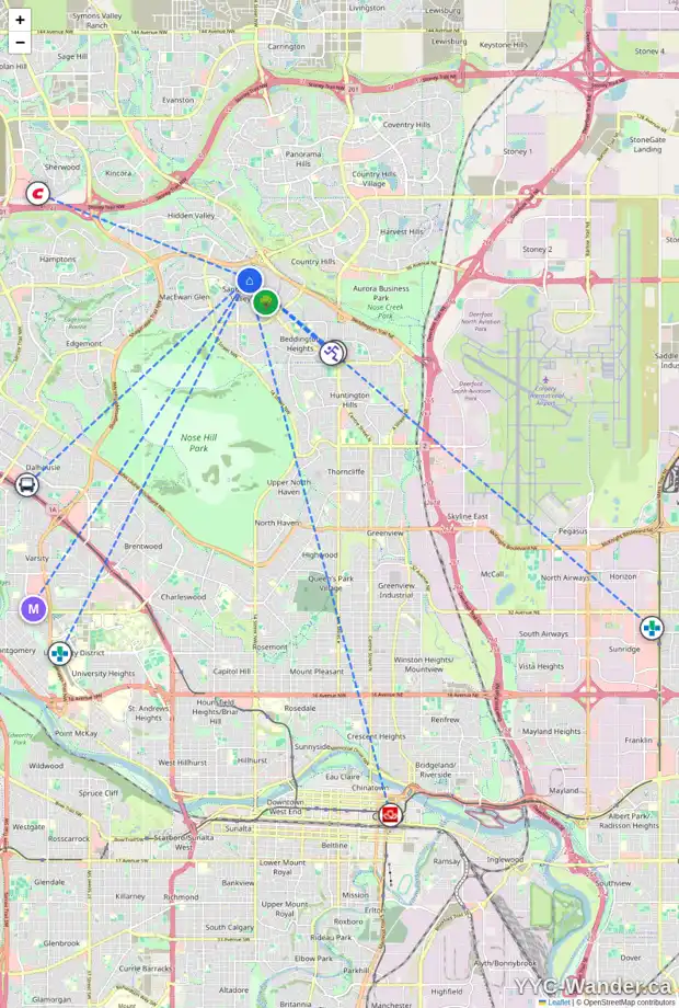 Daily accessibility map for 289 SANDSTONE DR NW, Calgary showing nearby schools, grocery stores, parks, LRT stations and nearby amenities