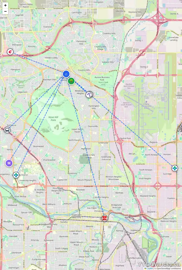 Daily accessibility map for 136 SANDERLING CL NW, Calgary showing nearby schools, grocery stores, parks, LRT stations and nearby amenities