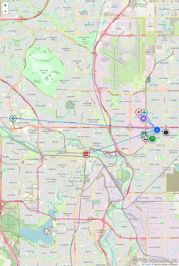 Daily accessibility map for 19 MARDALE CR NE, Calgary showing nearby schools, grocery stores, parks, LRT stations and nearby amenities