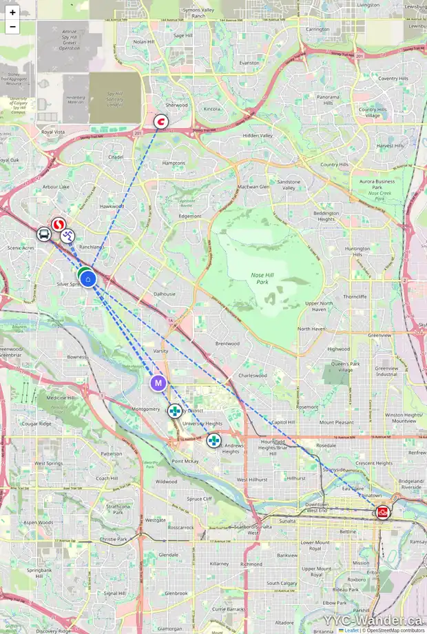 Daily accessibility map for 104 SILVER SPRINGS GR NW, Calgary showing nearby schools, grocery stores, parks, LRT stations and nearby amenities