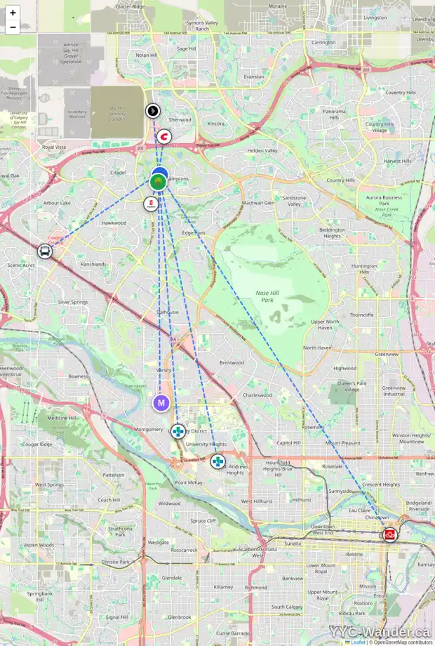Daily accessibility map for 10173 HAMPTONS BV NW, Calgary showing nearby schools, grocery stores, parks, LRT stations and nearby amenities